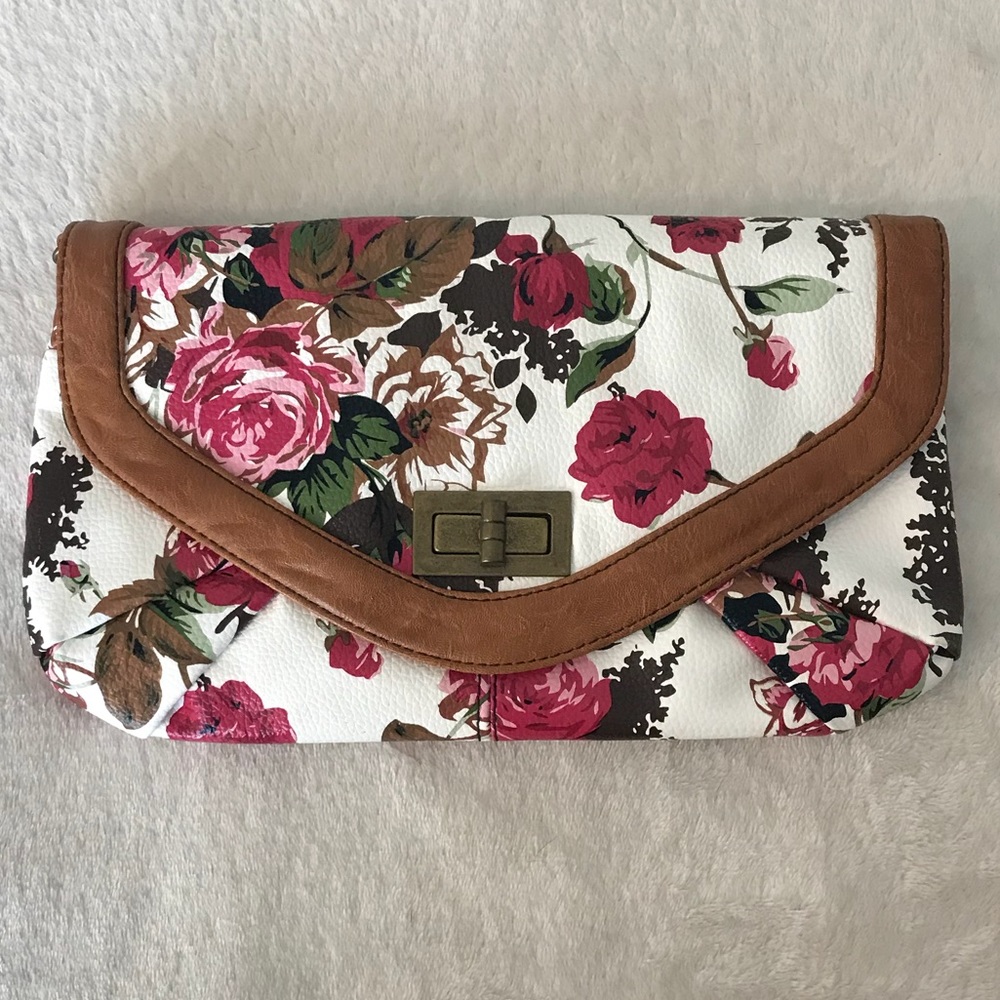 Faux leather floral print bag/clutch, NWOT